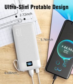 1PCS 10000mAh Portable Power Chargers-22.5W Fast Charging Power Bank Built in Cables and Wall Plug, Smart LED Display Slim Travel Battery Pack for Samsung Google LG Moto iPhone iPad